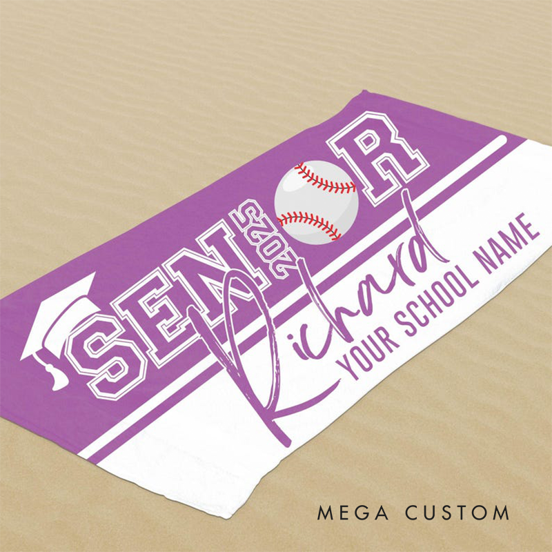 Personalized Senior 2025 Sports Beach Towel with Custom Name School Name Graduation Cap Design and Choice of Sports Ball