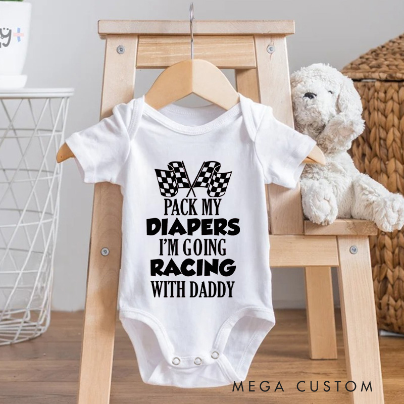 Personalized Pack My Diapers I'm Going Racing with Family Baby Onesie Baby Shower Gift
