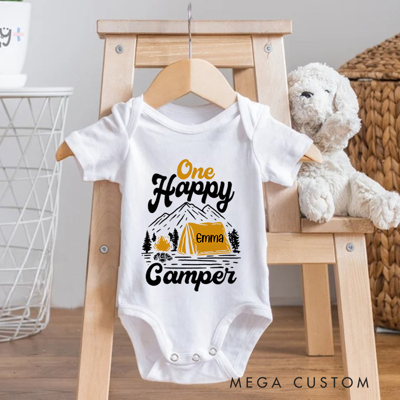 Personalized One Happy Camper Tent and Mountain Baby Onesie