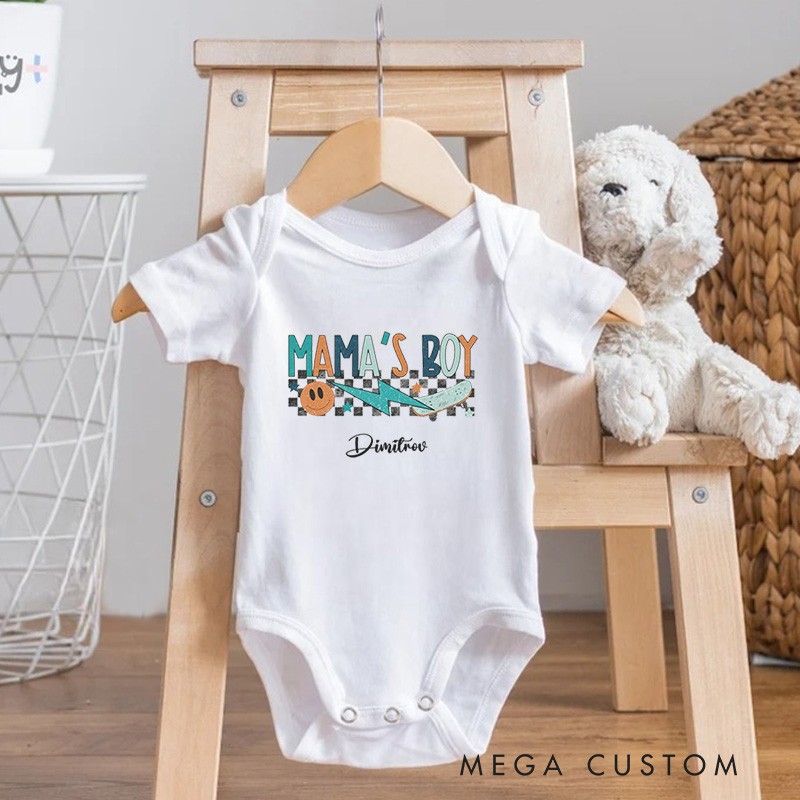 Personalized Mama’s Boy Retro Checkered Design Celebrating the Bond with Mom Baby Onesie