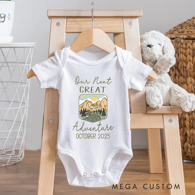 Personalized Our Next Great Adventure Mountain Scene Baby Onesie Funny Baby Gift