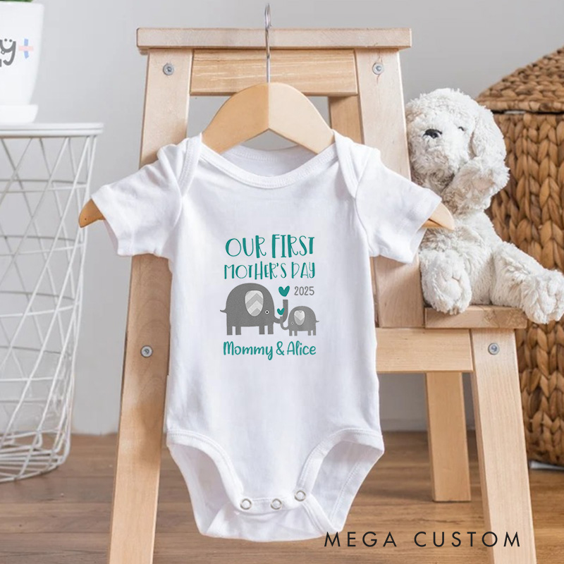 Personalized Our First Mother’s Day Mommy and Baby Elephant Cute Baby Onesie