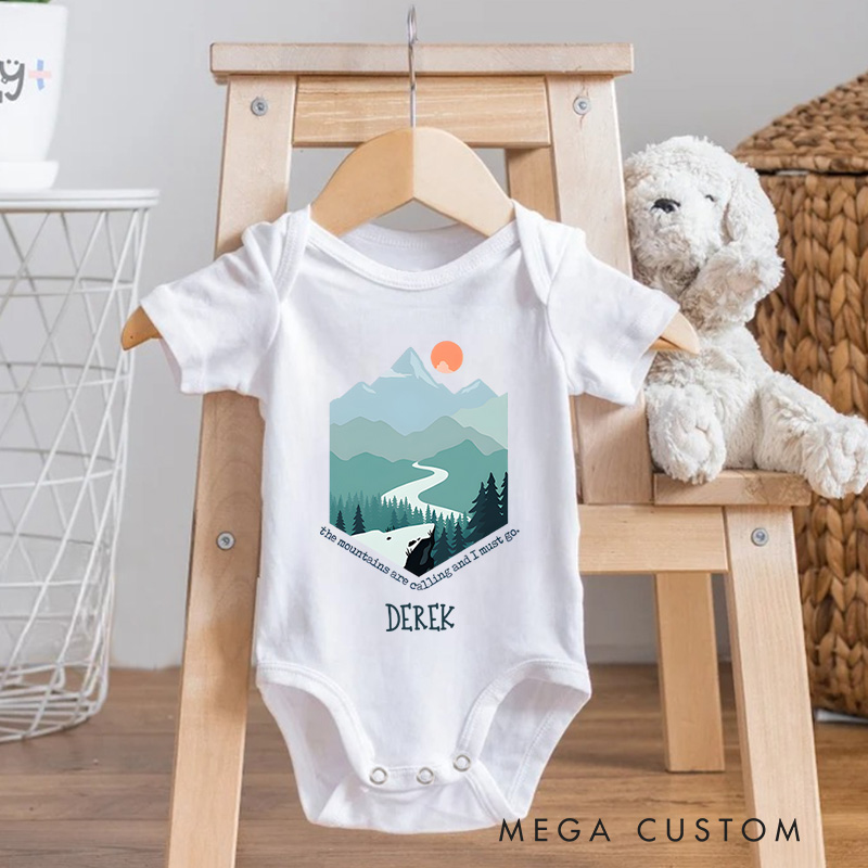 Personalized Derek Mountain and Path Adventure Art Baby Onesie Travel Baby Gift