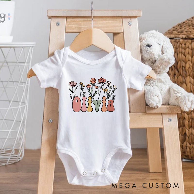 Personalized Floral Groovy Lettering Baby Onesie Baby Shower Gift