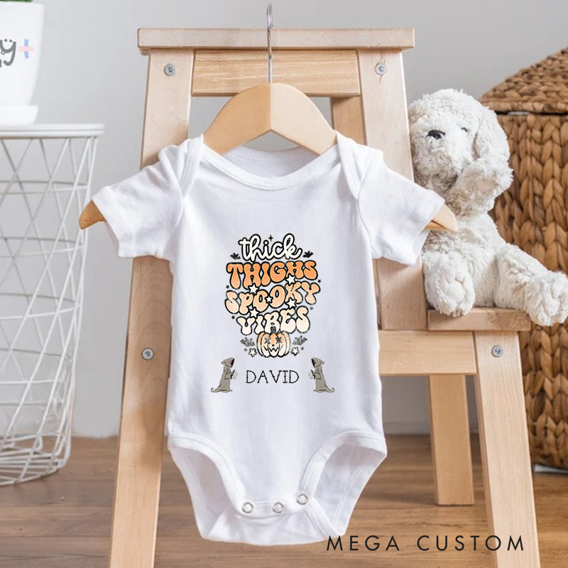 Personalized Thick Thighs Spooky Vibes Fun and Whimsical Halloween Baby Onesie