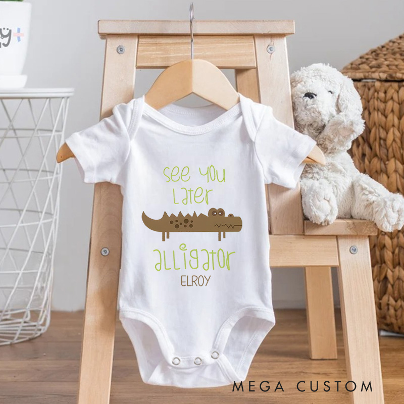 Personalized See You Later In a While Alligator adding humor and fun to twin wardrobes with a cute crocodile graphic Baby Onesie