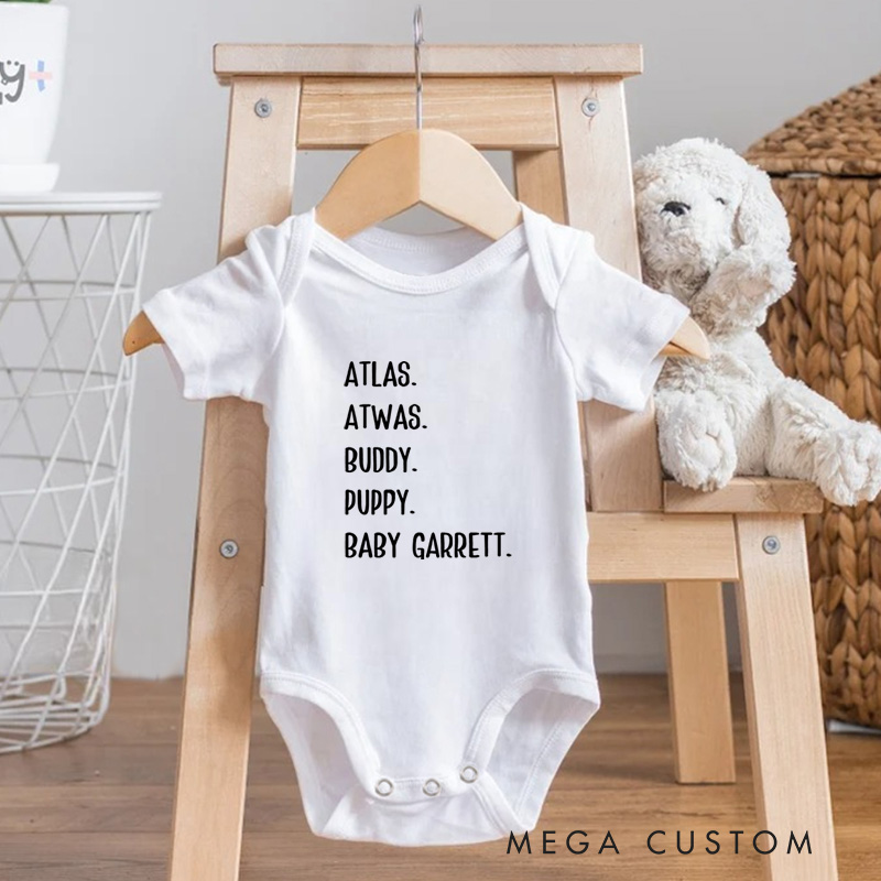Personalized Atlas Buddy Puppy Baby Garrett Fun and Cute Name Collection Baby Onesie  