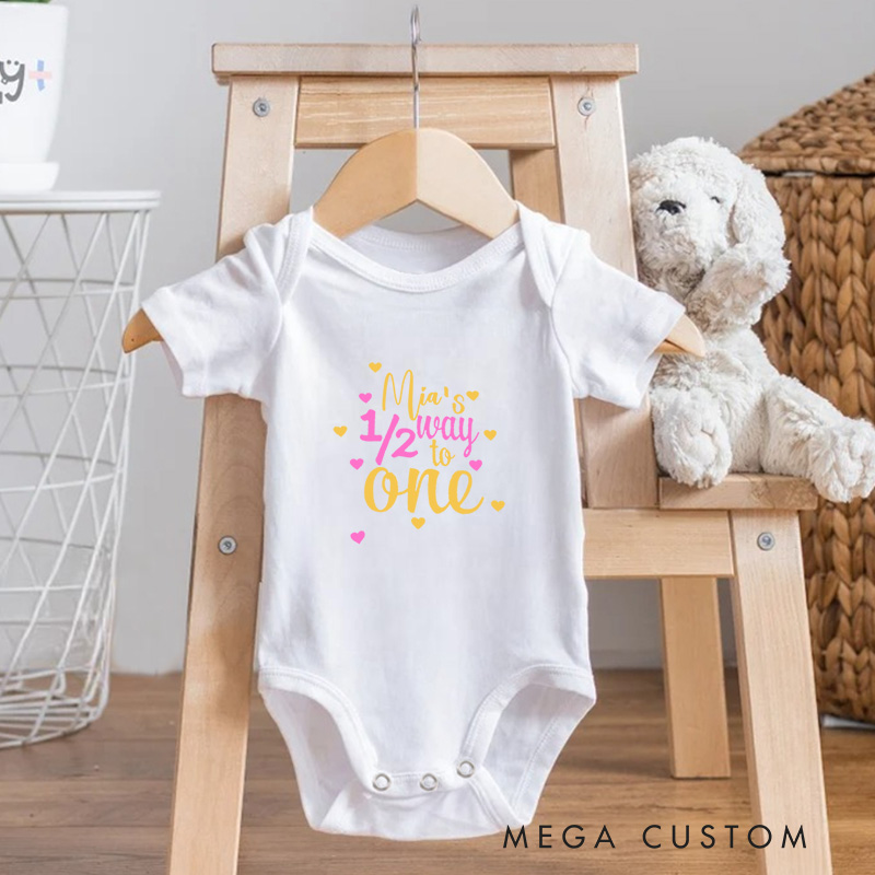 Personalized Baby’s Halfway to One Cute and Colorful Half Birthday Celebration Baby Onesie  