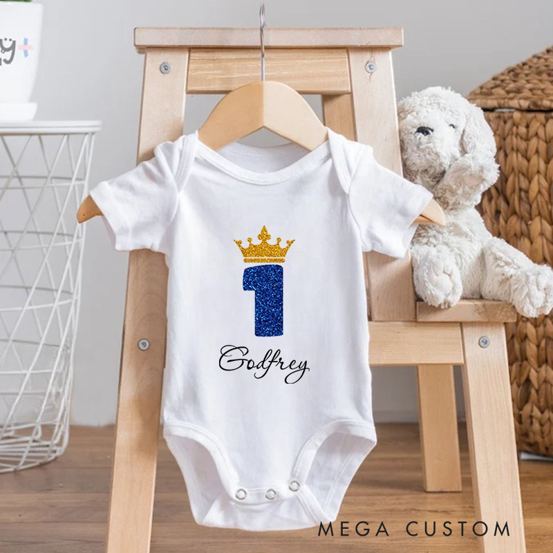 Personalized Number One with Crown Sparkly and Royal Birthday Celebration Baby Onesie  
