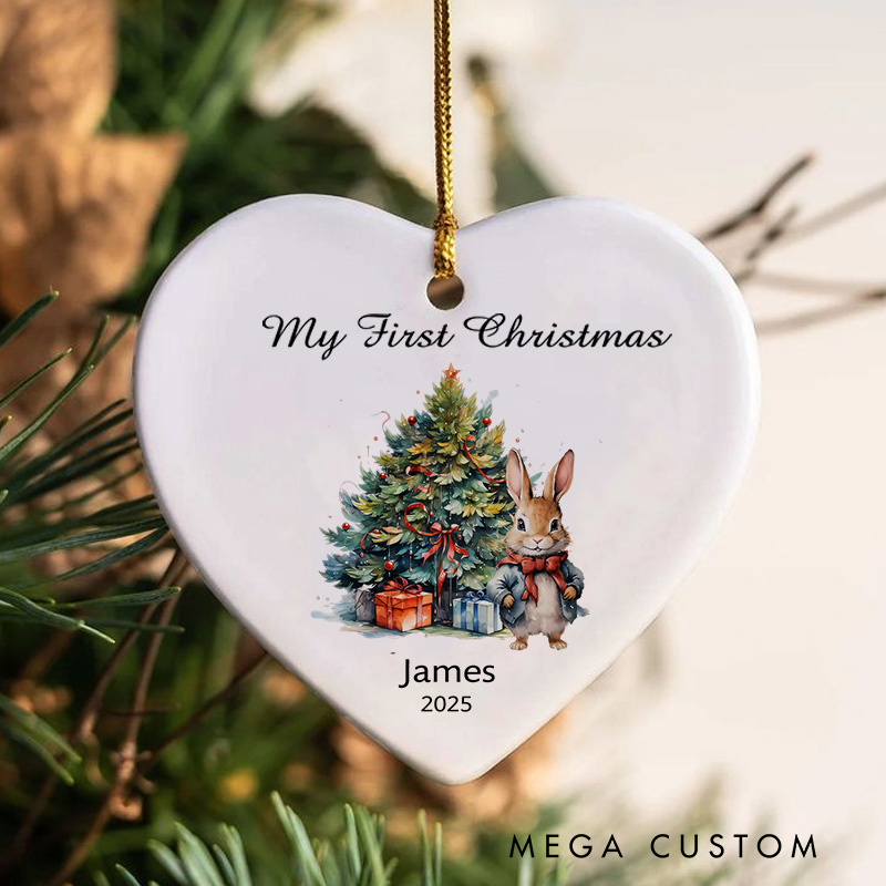 Personalized Holiday Bunny with Gifts and Christmas Tree Baby Christmas Ornament Baby Shower 1st Christmas Gift