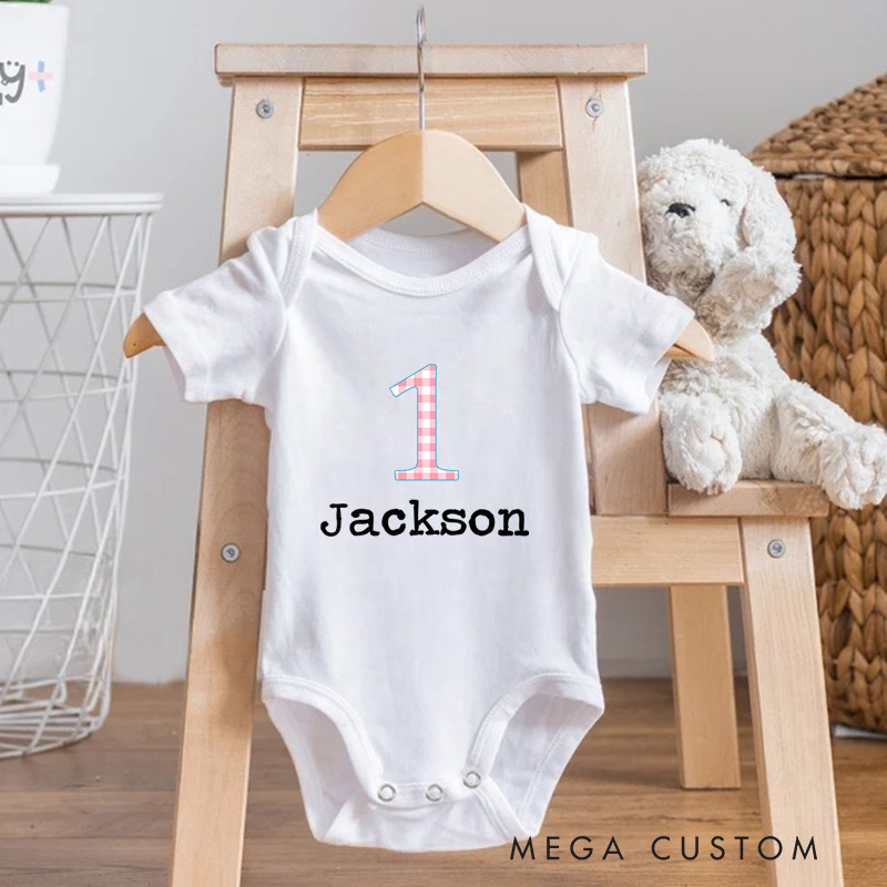 Personalized Number One Checkered Birthday Celebration Baby Onesie  