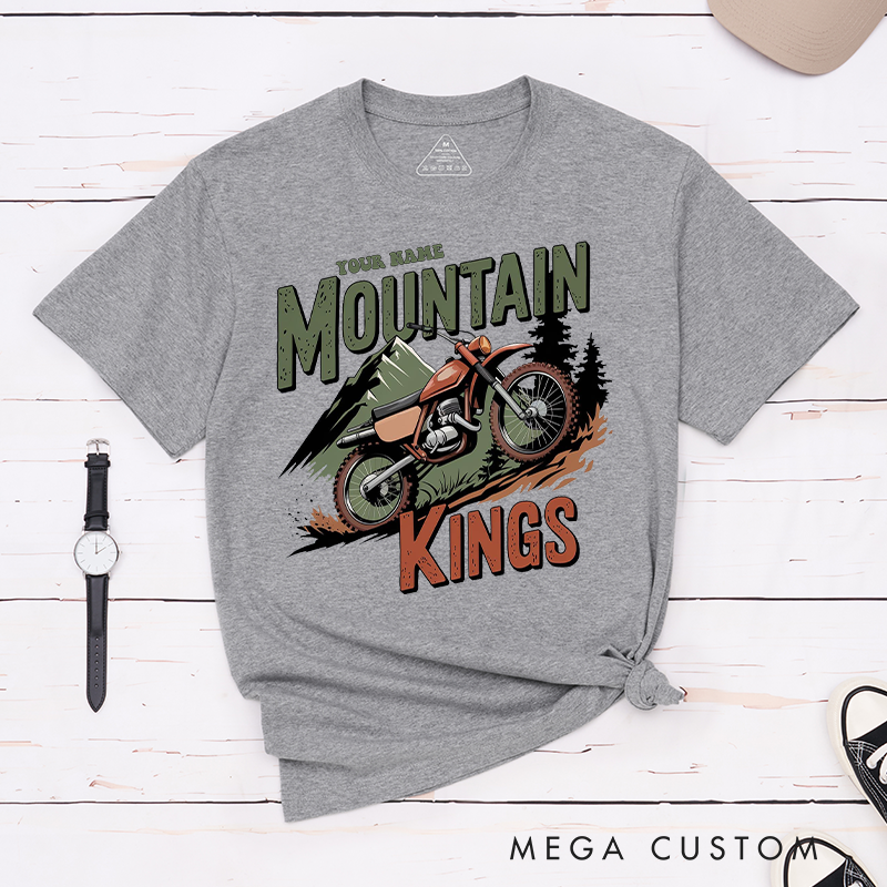 Personalized Mountain Kings Dirt Bike T-Shirt a Majestic Mountain Backdrop for Outdoor Adventures Riding Cycling Biking Enthusiasts