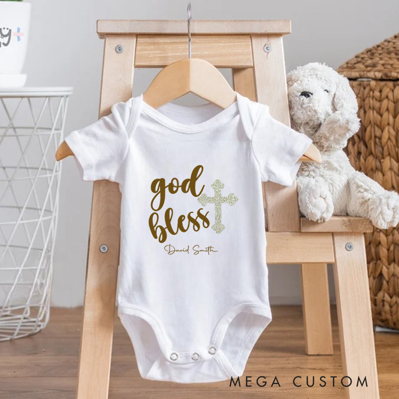 Personalized God Bless Name Elegant Glittery Baptism Celebration Baby Onesie  