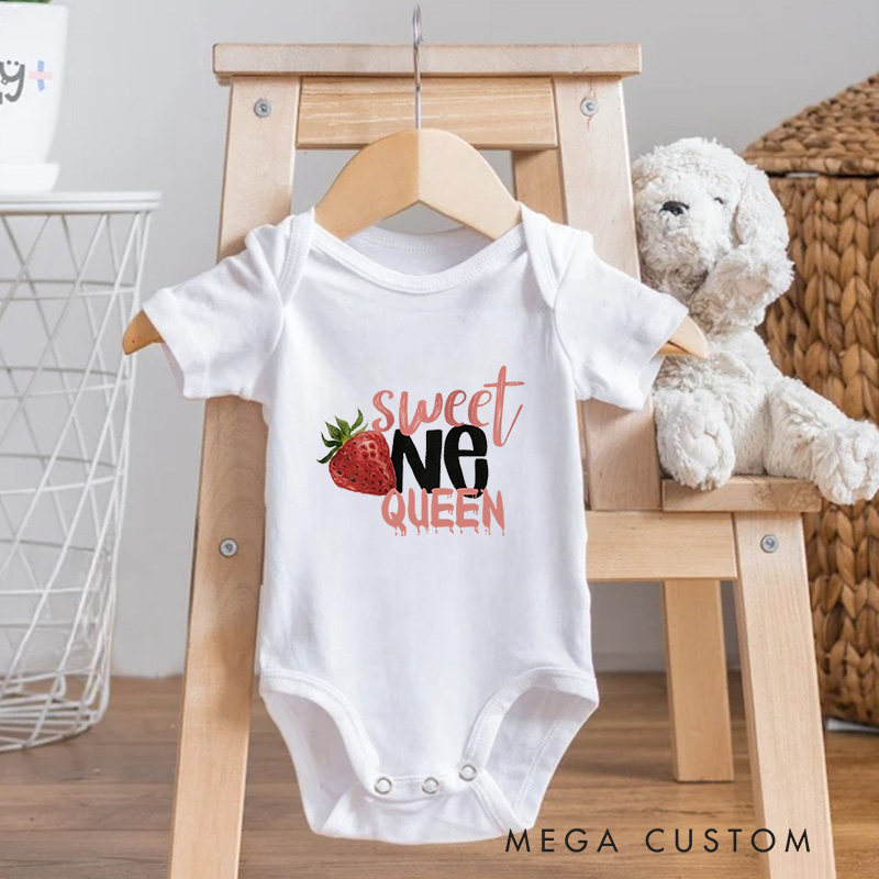 Personalized Sweet One Queen Strawberry Inspired First Birthday Celebration Baby Onesie  