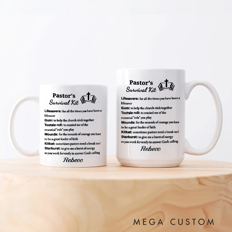 Personalized Pastor's Survival Kit Ceramic Mug with Name Gift for Pastor Custom Coffee Cup Pastor Appreciation Gift Retirement Gift Anniversary Gift