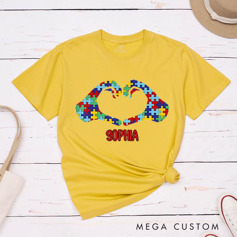 Personalized Heart LOVE Hands Puzzle Autism Awareness T-Shirt Mental Health Gift