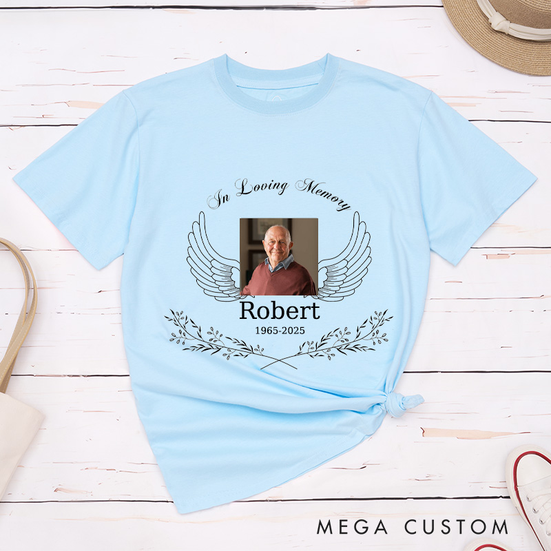Personalized Angel Wings Memorial T-Shirt in Loving Memory Photo Shirt Rest in Peace Custom Sympathy Gift for Loss of A Loved One