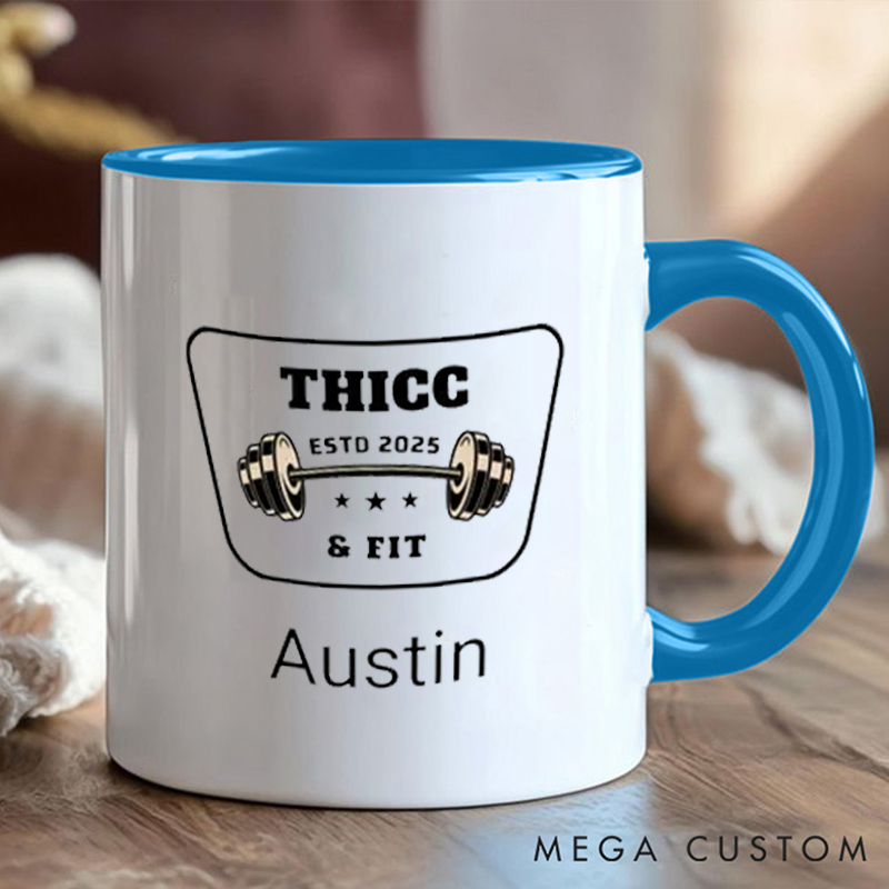 Personalized Thicc Fit Coffee Cup Mug with Dumbbell Graphic and Name Gift for Fitness Enthusiasts Bodybuilders and Gym Lovers