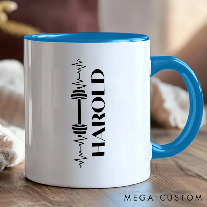 Personalized Workout Lover Coffee Cup Mug with Dumbbell and Heartbeat Design for Fitness Enthusiasts Bodybuilders and Gym Lovers