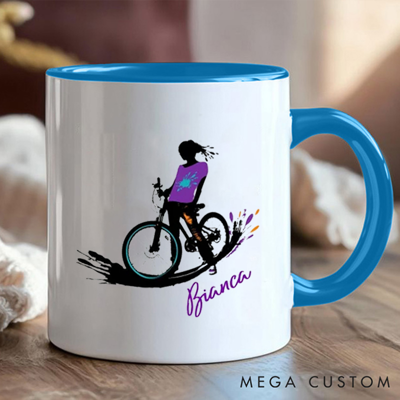 Personalized Cycling Coffee Cup Mug with Colorful Cyclist Illustration for Outdoor Adventures Riding Cycling Biking Enthusiasts