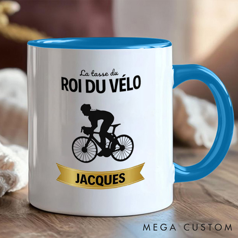 Personalized King of Cycling Coffee Cup Mug with Yellow Handle for Outdoor Adventures Riding Cycling Biking Enthusiasts