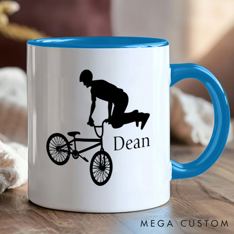 Personalized BMX Stunt Coffee Cup Mug with Stunt Rider Silhouette for Outdoor Adventures Riding Cycling Biking Enthusiasts