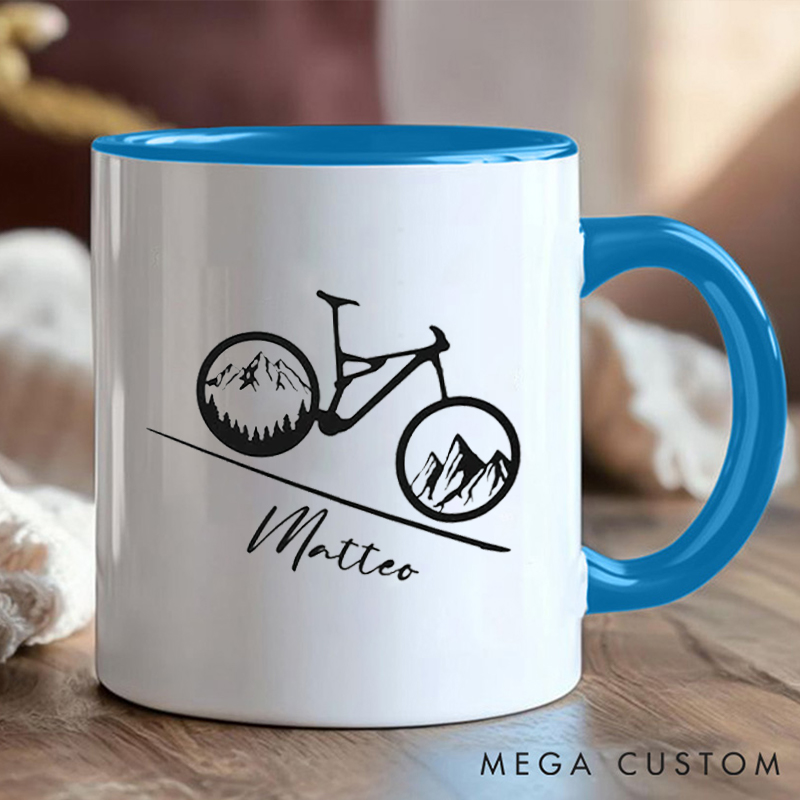 Personalized Mountain Bike Coffee Cup Mug with Scenic Bike Illustration for Outdoor Adventures Riding Cycling Biking Enthusiasts