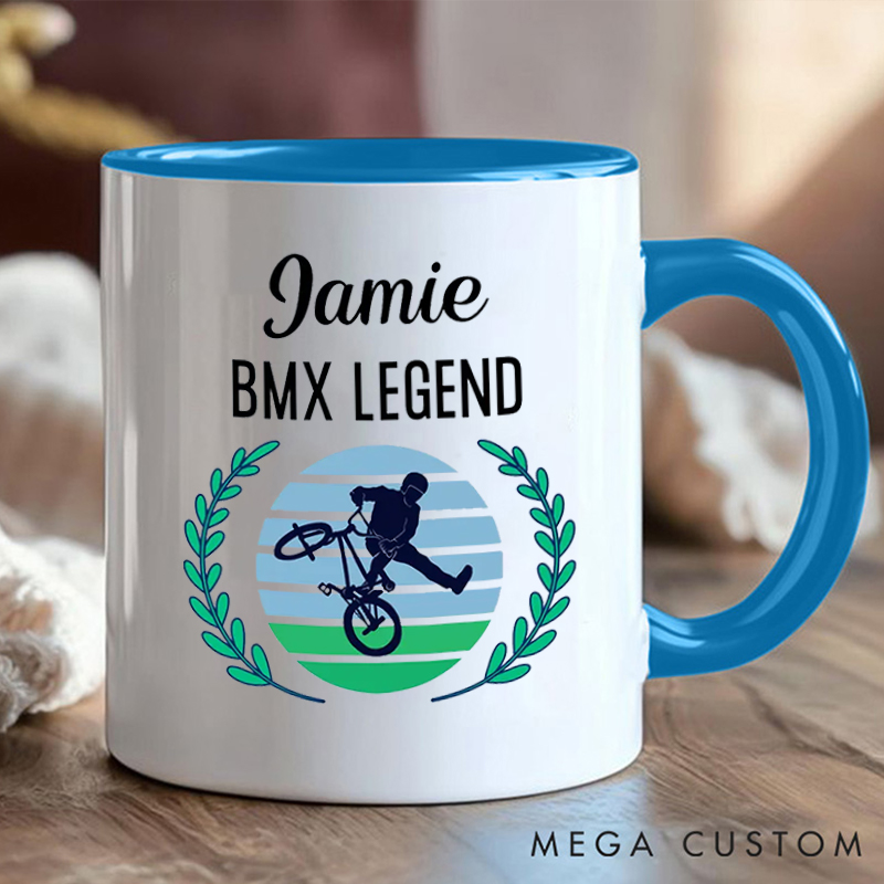Personalized BMX Legend Coffee Cup Mug with Name and Stunt Design for Outdoor Adventures Riding Cycling Biking Enthusiasts