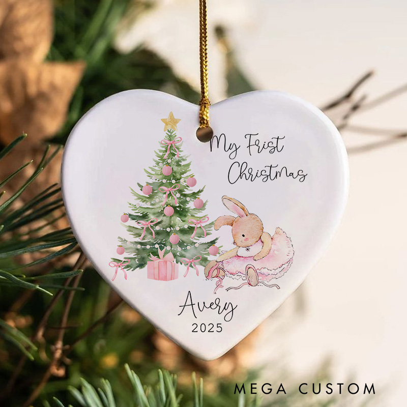 Personalized Heart Shaped Bunny and Tree Baby's First Christmas Ornament