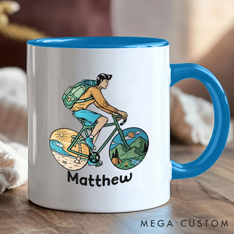 Personalized Adventure Cycling Coffee Cup Mug with Colorful Outdoor Illustration for Outdoor Adventures Riding Cycling Biking Enthusiasts
