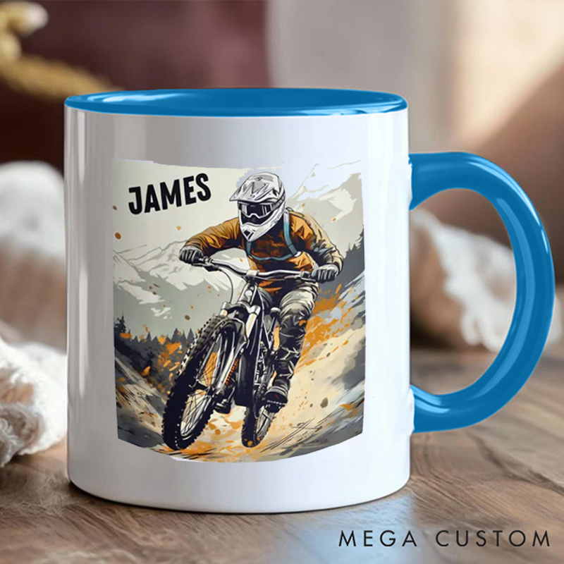 Personalized Mountain Biking Coffee Cup Mug with Downhill Biker for Outdoor Adventures Riding Cycling Biking Enthusiasts