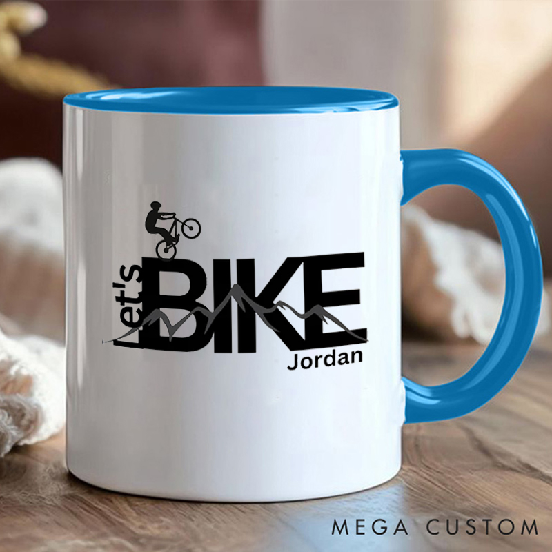 Personalized Lets Bike Coffee Cup Mug with Cyclist and Mountain Art for Outdoor Adventures Riding Cycling Biking Enthusiasts