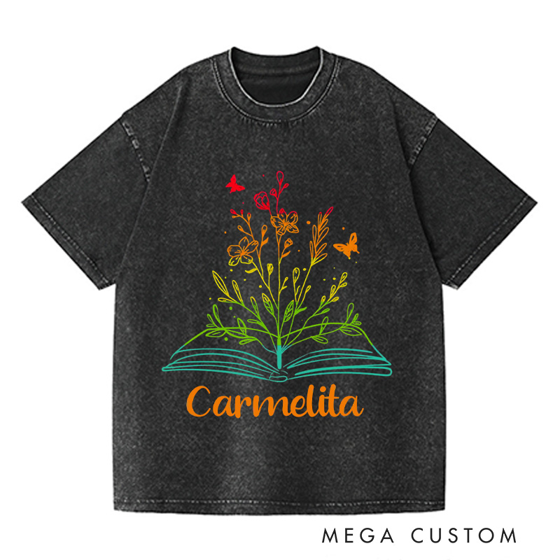 Personalized Book Flower Washed T-Shirts Library Shirts Book Reader Shirt Literary Shirt Book Lover Shirt Reading Tee