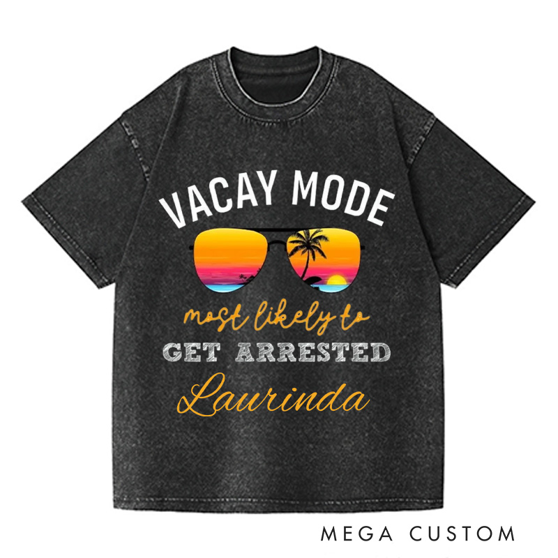Personalized Vacay Mode Washed T-Shirts Summer Vacation Shirt Trendy Tee Colorful Patterned Shirt Gift For Traveler