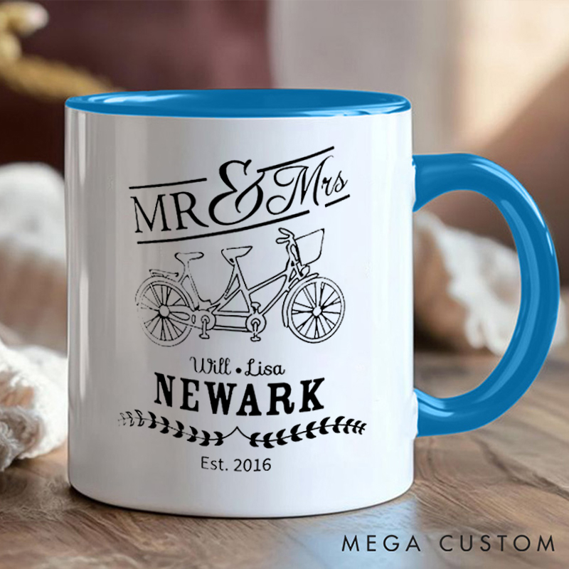 Personalized Mr Mrs Tandem Bike Coffee Cup Mug with Celebrate Wedding Anniversary for Outdoor Adventures Riding Cycling Biking Enthusiasts