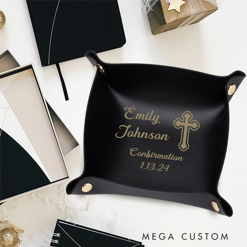 Personalized Cross Leather Tray with Name and Date Accessory Gift for Christian Religious Gift Confirmation Gift