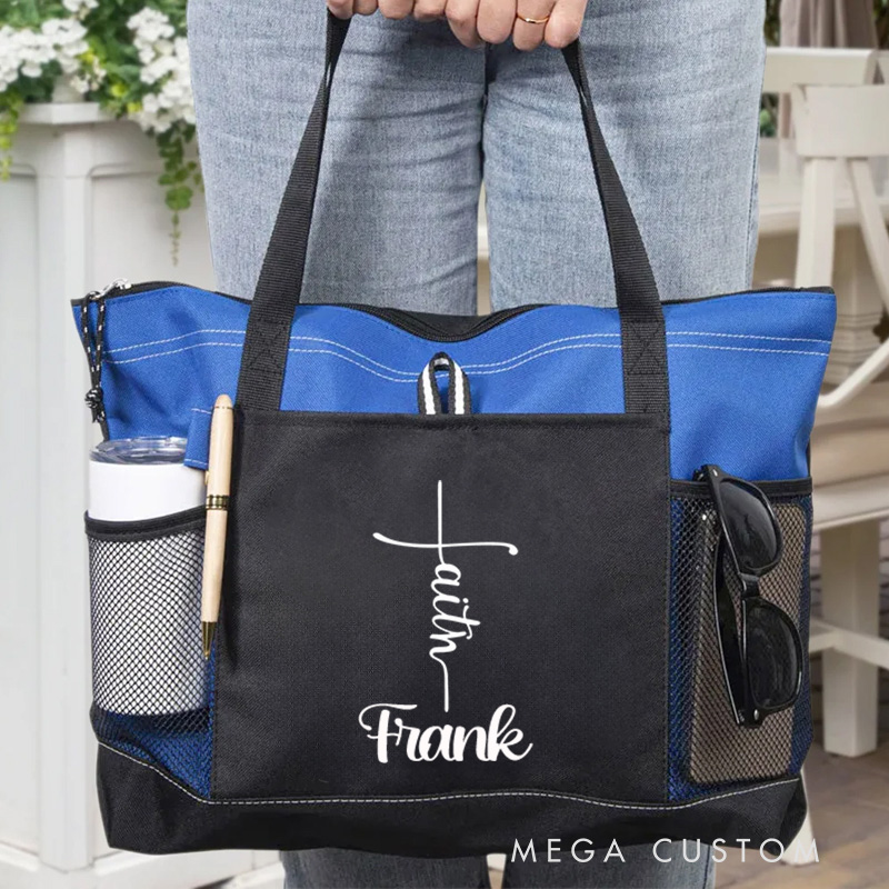 Personalized Faith Cross Tote Bag with Name and Zipper Large Capacity Religious Accessory Gift for Christian Religious Christian Gifts 