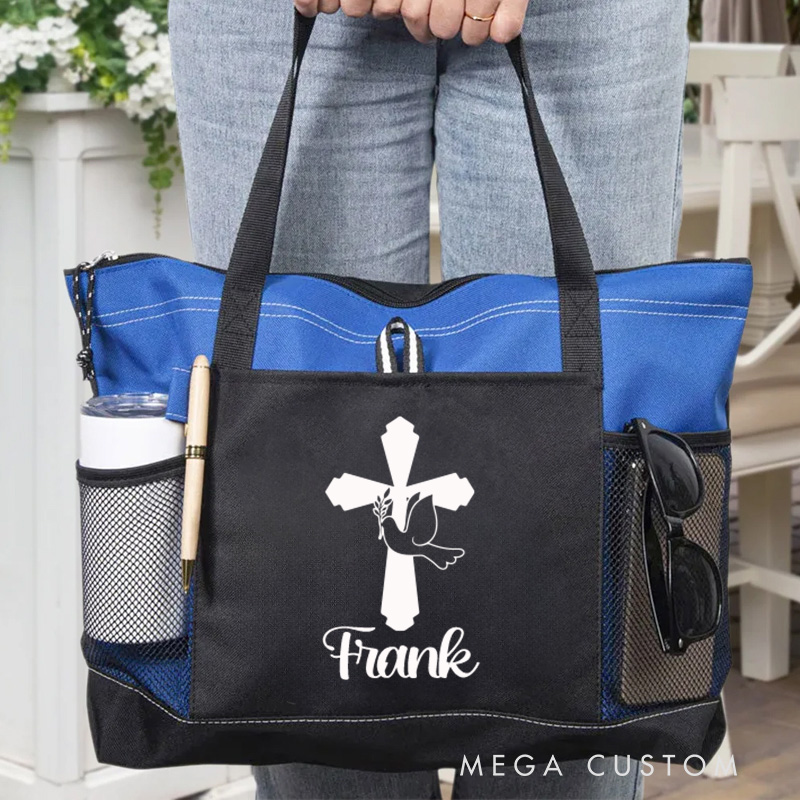 Personalized Cross Dove Tote Bag with Name and Zipper Large Capacity Religious Accessory Gift for Christian Religious Christian Gifts 