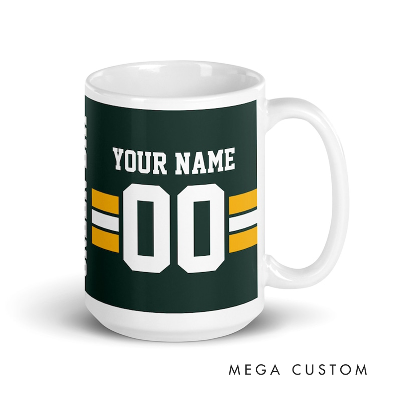 Personalized Football Themed Mug with Customizable Team Name Player Name and Jersey Number Perfect for Sports Fans and Players