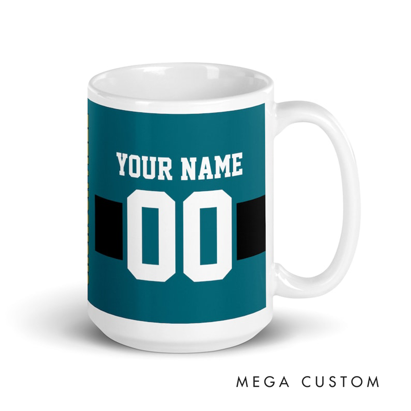 Personalized Football Mug Featuring Custom Team Name Player Name and Jersey Number Design Perfect for Sports Fans and Enthusiasts