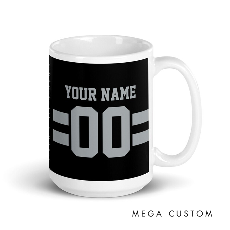 Personalized Football Mug with Customizable Team Name Player Name and Jersey Number Design in Sleek Black Style