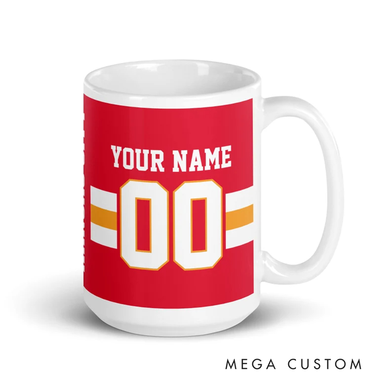 Personalized Football Mug with Custom Team Name Player Name and Jersey Number Featuring a Bold Red Design Perfect for Fans and Enthusiasts