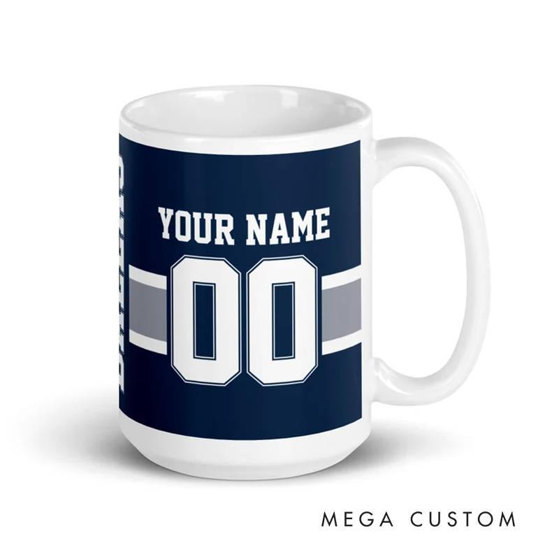 Personalized Football Mug with Customizable Team Name Player Name and Jersey Number in Classic Navy Blue Design