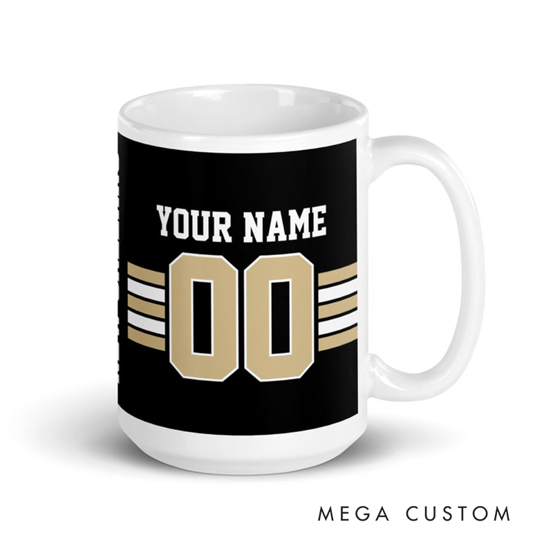 Personalized Football Mug with Customizable Team Name Player Name and Jersey Number in Sleek Black and Gold Design