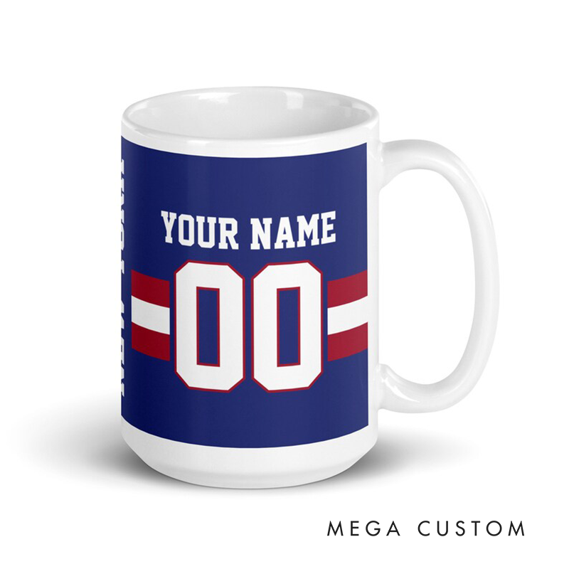 Personalized Football Mug with Customizable Team Name Player Name and Jersey Number in Bold Blue and Red Design