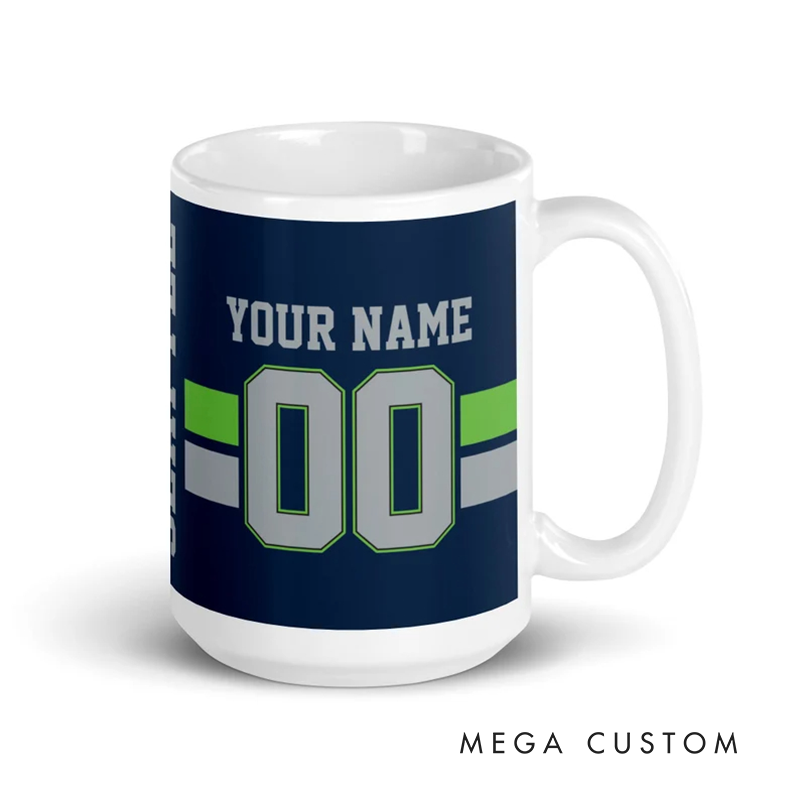 Personalized Football Mug with Customizable Team Name Player Name and Jersey Number in Navy Blue and Neon Green Design