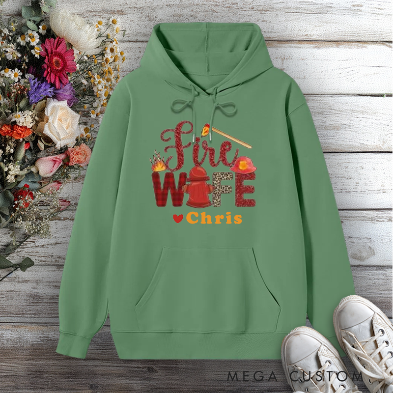Personalized Fire Wife Hoodie with Fire Helmet Flame and Axe Design Gift for Firefighter Wives