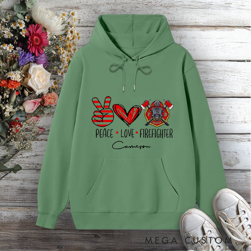 Personalized Hoodie Peace Love Firefighter Design with Hand Heart and Fire Helmet Elements Gift for Firefighter