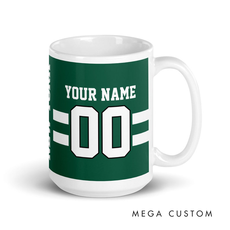 Personalized Football Mug with Customizable Team Name Player Name and Jersey Number in Classic Green and White Design
