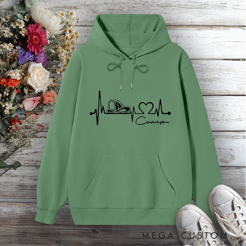 Personalized Hoodie Firefighter Heartbeat Line Design with Fire Helmet Gift for Firefighter
